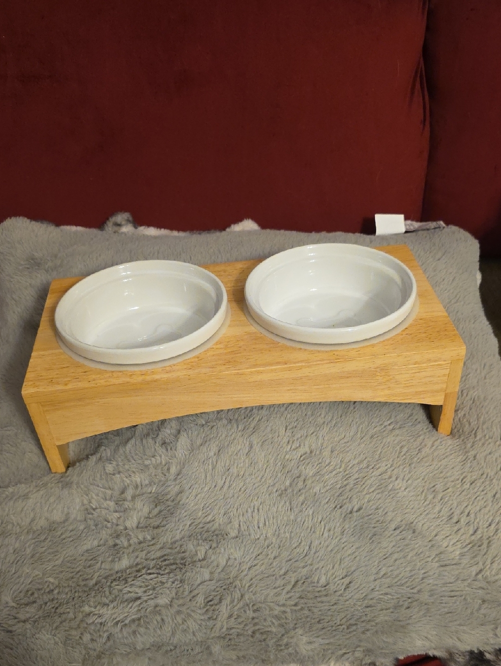 Wooden Elevated Double Dog Bowl Stand with White Ceramic Bowls